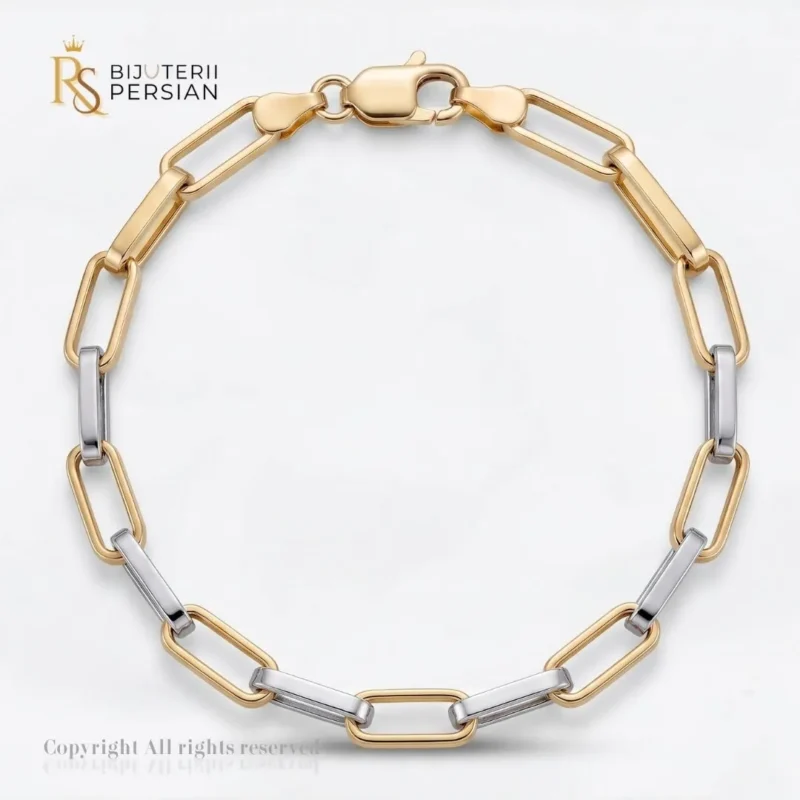 Bratara aur bicolor zale alungite paperclip din aur 14K cu zale dreptunghiulare alternate din aur galben si alb polizate