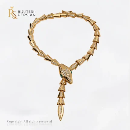 Brățară din aur galben 14K model Șarpe Serpenti cu pietre albe de zirconiu și ochi verzi din zirconiu Bijuterii Persian