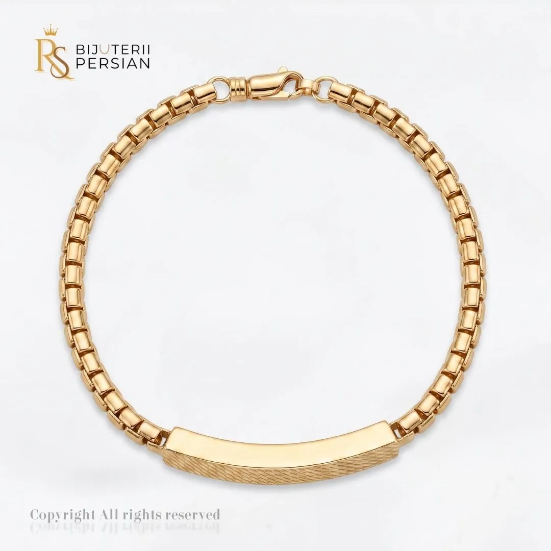 bratara-aur-galben-barbati-cu-placuta-si-lant-box-14k-bijuterii-persian Cumpara o bratara aur galben barbati cu placuta si lant box din aur 14K gravabila. Design masculin, inchizatoare sigura si livrare rapida!