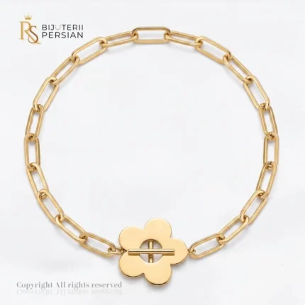 Bratara aur galben copii cu floare si lant paperclip din aur 14K cu element floral central si inchizatoare tip T-bar