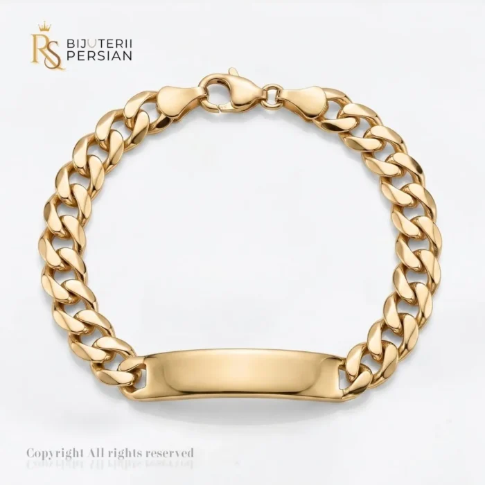 Bratara aur galben copii cu placuta gravabila din aur 14K cu lant curbed cartier si inchizatoare sigura