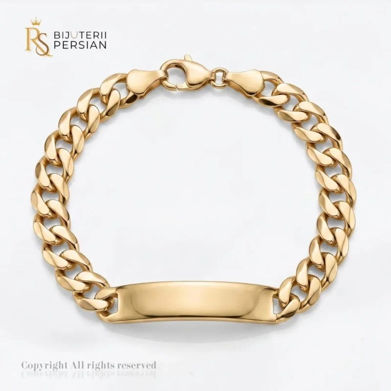 Bratara aur galben copii cu placuta gravabila din aur 14K cu lant curbed cartier si inchizatoare sigura