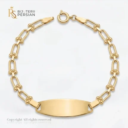 Bratara aur galben copii cu placuta si zale cu bile din aur 14K cu suprafata neteda gravabila si bile decorative