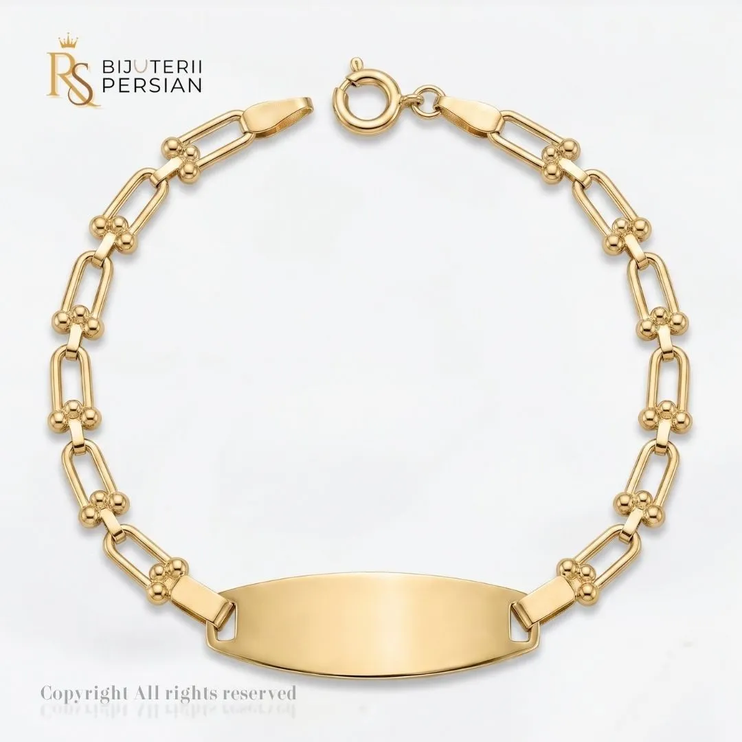 bratara-aur-galben-copii-cu-placuta-si-zale-cu-bile-14k-bijuterii-persian Bratara aur galben copii cu placuta si zale cu bile din aur 14K cu suprafata neteda gravabila si bile decorative