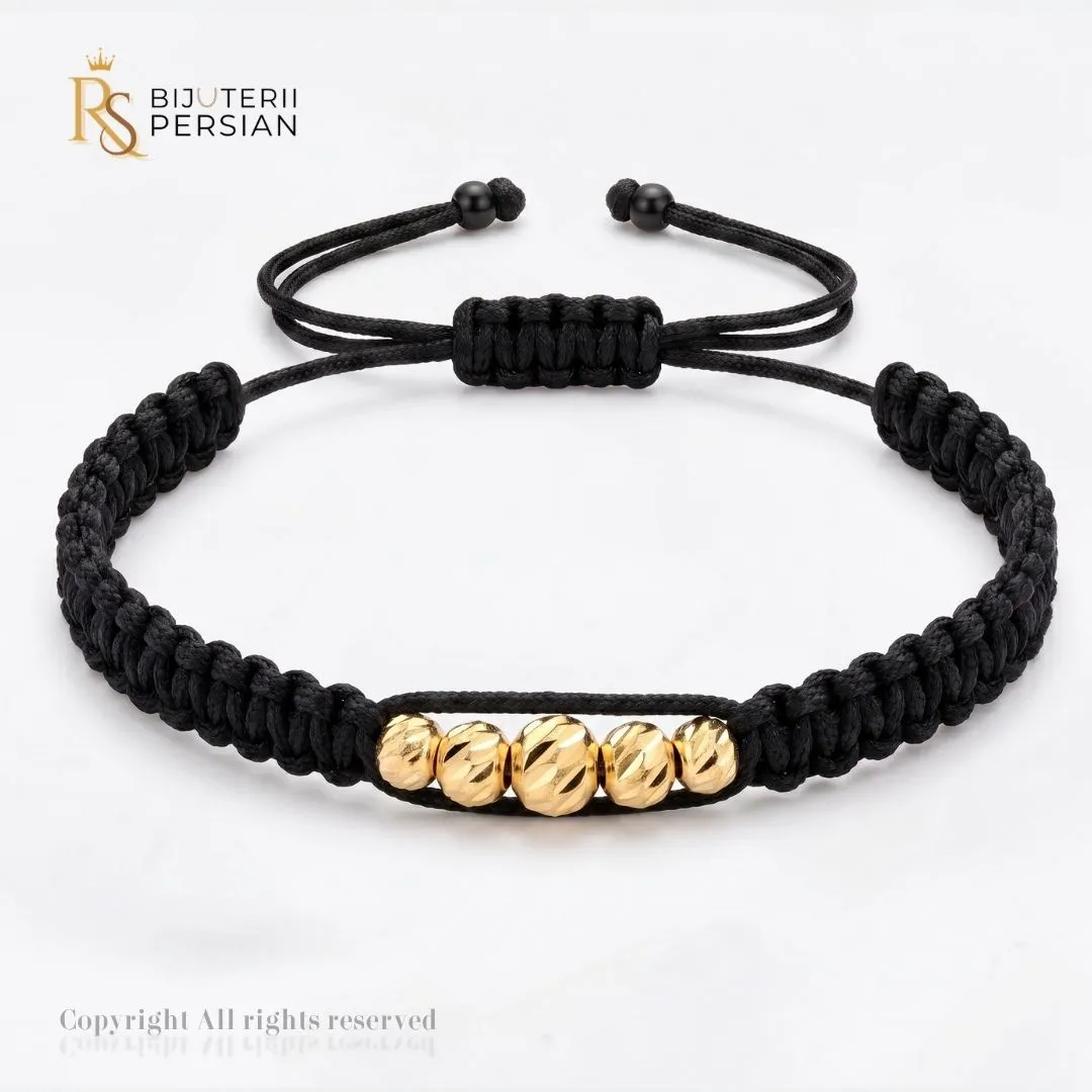bratara-aur-galben-cu-snur-14k-bile-fatetate-bijuterii-persian Bratara aur galben cu snur si bile din aur 14K cu cinci bile gravate diamantat montate pe impletitura macrame neagra