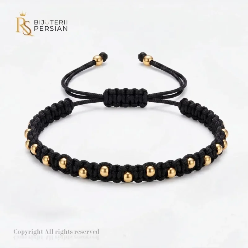 Bratara aur galben cu snur si bile netede din aur 14K distribuite simetric pe impletitura macrame neagra