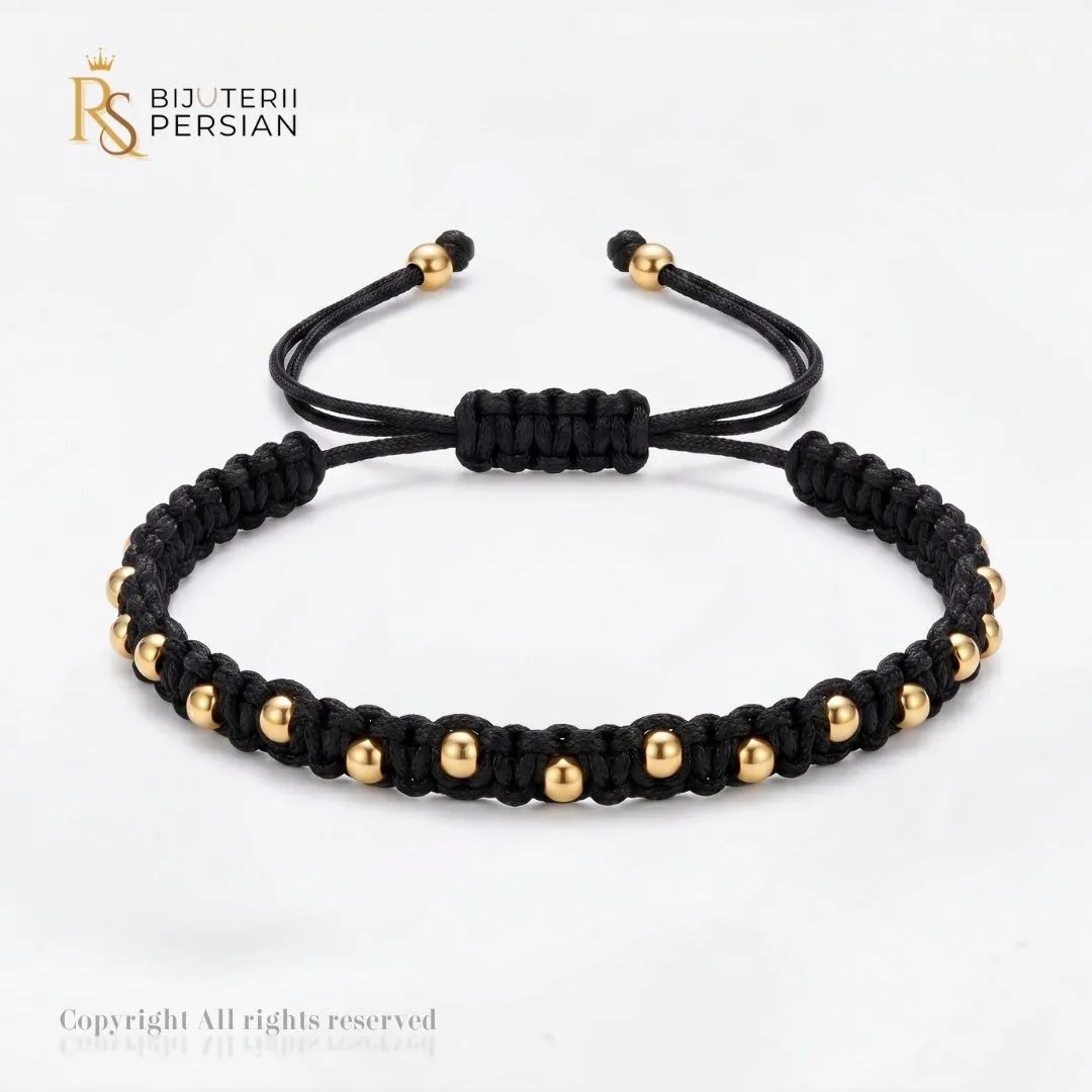 bratara-aur-galben-cu-snur-14k-bile-netede-bijuterii-persian Bratara aur galben cu snur si bile netede din aur 14K distribuite simetric pe impletitura macrame neagra