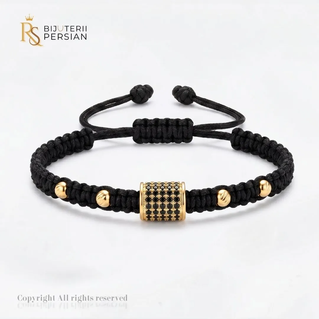 bratara-aur-galben-cu-snur-14k-zirconiu-negru-bijuterii-persian Bratara aur galben cu snur si zirconiu negru din aur 14K cu cilindru central incrustat si bila din aur pe impletitura neagra