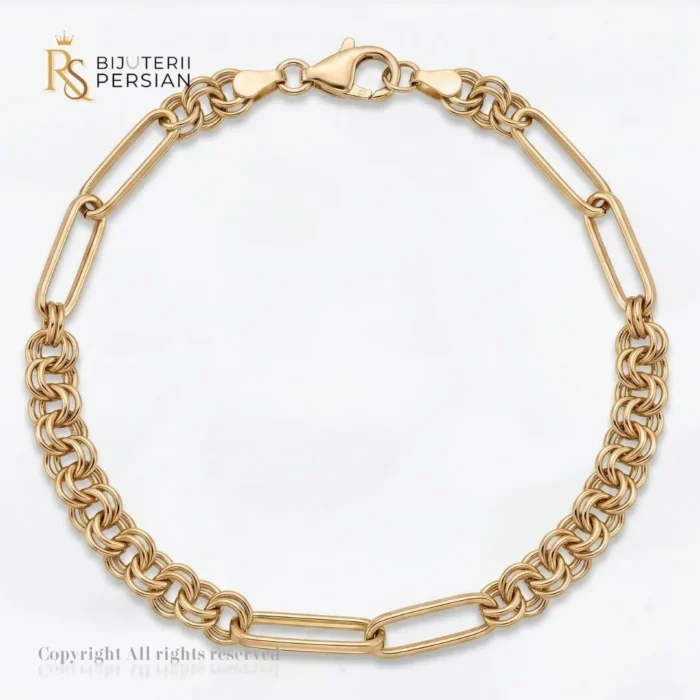 bratara-aur-galben-dama-cu-zale-alungite-si-inele-14k-bijuterii-persian Bratara aur galben dama cu zale alungite si inele din aur 14K cu textura combinata paperclip si inele duble impletite