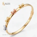 Bratara fixa aur copii din aur 14K cu fundite decorative din aur galben, roz si alb si balama de siguranta