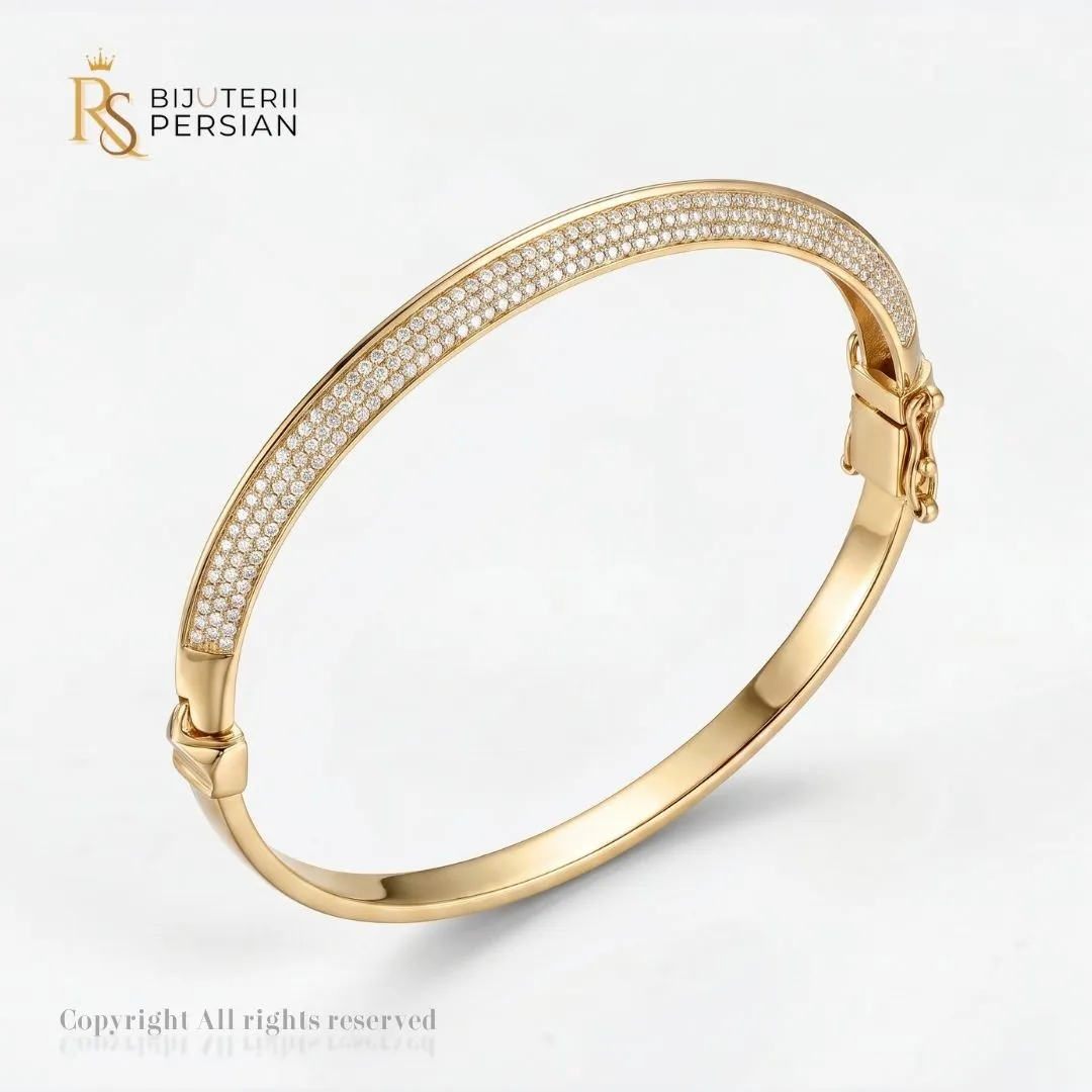 bratara-fixa-aur-galben-14k-zirconiu-bijuterii-persian Bratara fixa aur galben din aur 14K cu pavaj dens din zirconii pe trei randuri si balama cu siguranta dubla