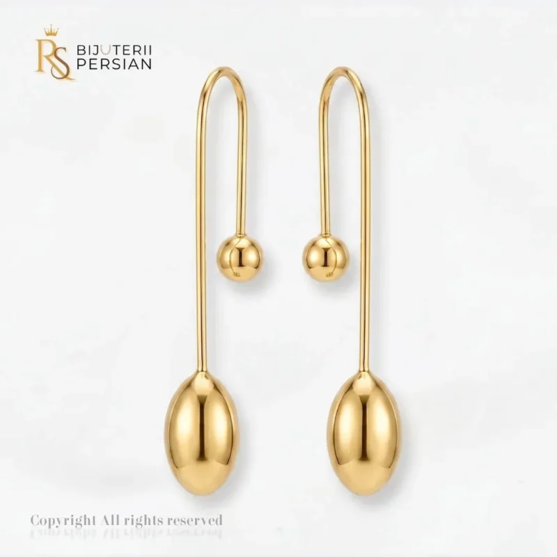 Cercei aur galben lungi cu bila din aur 14K cu forma alungita de picatura si sistem de inchidere cu bila insurubata
