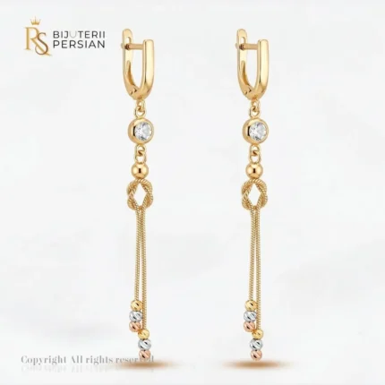 Cercei aur galben lungi cu zirconiu din aur 14K cu cristal rotund, element nod torsadat si franjuri cu bilute tricolor