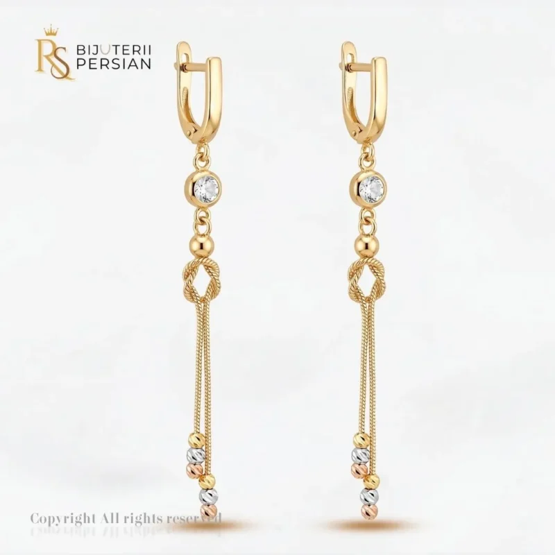 Cercei aur galben lungi cu zirconiu din aur 14K cu cristal rotund, element nod torsadat si franjuri cu bilute tricolor