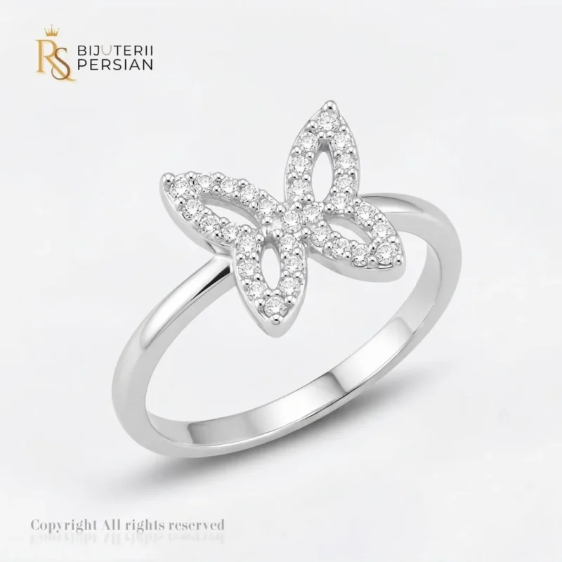 Inel aur alb fluture contur cu zirconiu din aur 14K cu aripi decupate avand conturul pavat cu cristale si sina polizata
