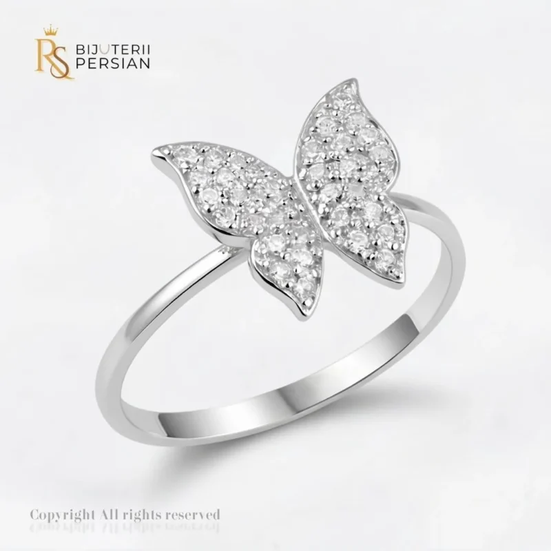 Inel aur alb fluture cu zirconiu din aur 14K cu aripi complet incrustate cu cristale stralucitoare si sina polizata