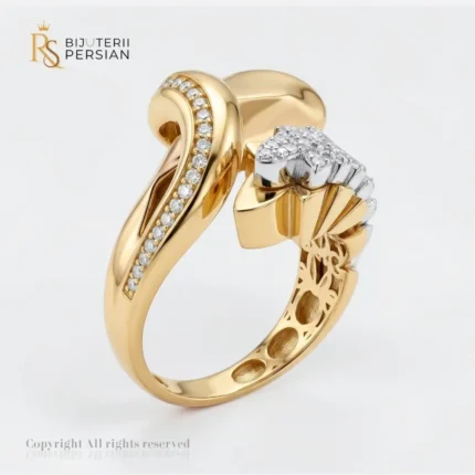Inel aur bicolor asimetric cu zirconiu din aur 14K cu linii curbate din aur galben si detaliu din aur alb