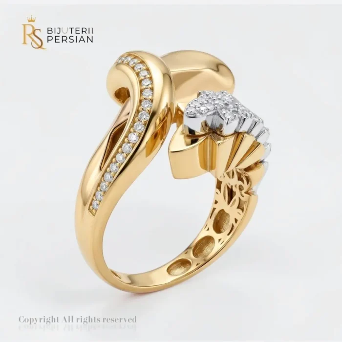 inel-aur-bicolor-asimetric-cu-zirconiu-14k-bijuterii-persian Inel aur bicolor asimetric cu zirconiu din aur 14K cu linii curbate din aur galben si detaliu din aur alb