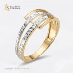 Inel aur bicolor cu elemente diamantate din aur 14K fara pietre cu benzi intercalate din aur alb si galben