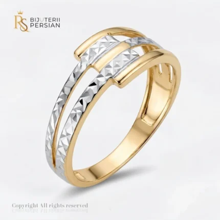 Inel aur bicolor cu elemente diamantate din aur 14K fara pietre cu benzi intercalate din aur alb si galben