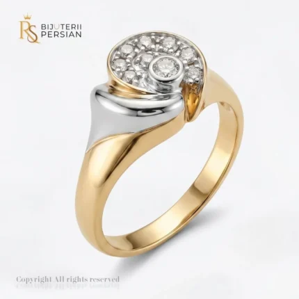 Inel aur bicolor cu zirconiu spirala din aur 14K cu disc pavat cu cristale si benzi curbate din aur alb si galben