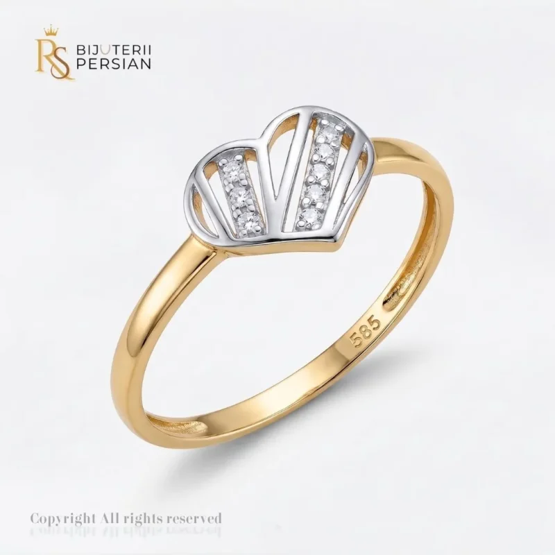 Inel aur bicolor doua inimi filigranate cu zirconiu din aur 14K cu inimi din aur alb si sina din aur galben