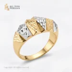 Inel aur bicolor geometric din aur 14K galben si alb cu profil 3D gravat diamantat fara pietre