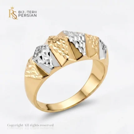 Inel aur bicolor geometric din aur 14K galben si alb cu profil 3D gravat diamantat fara pietre