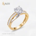 Inel aur bicolor solitar zirconiu din aur 14K cu coronament din aur alb si sina din aur galben incrustata cu pietre bagheta