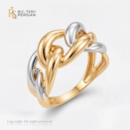 Inel aur bicolor zale intretesute din aur 14K cu elemente de lant din aur galben si aur alb polizat fara pietre