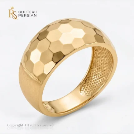 Inel aur galben bombe hexagonal din aur 14K cu fatete geometrice polizate stil fagure si interior ajurat