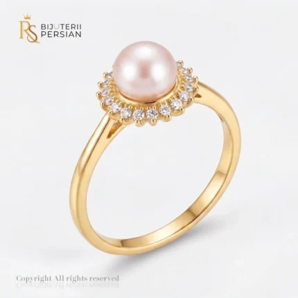 Inel aur galben cu perla alba si zirconiu din aur 14K cu perla naturala alba si coroana halo pavata cu cristale