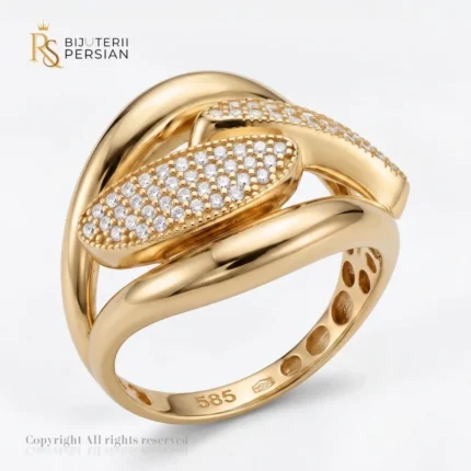 Inel aur galben cu zirconiu bucle din aur 14K cu noduri fluide tubulare si placute ovale pavate cu cristale