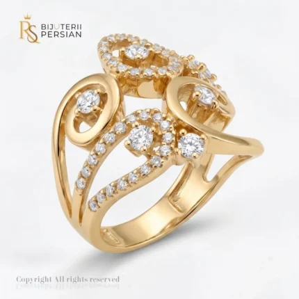 Inel aur galben cu zirconiu spirale din aur 14K cu noduri fluide incrustate cu cristale si banda latina