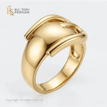 Inel aur galben design masiv din aur 14K fara pietre cu banda lata si element de cataramă polizat