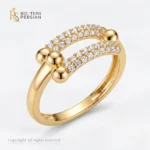 Inel aur galben dublu cu zirconiu din aur 14K cu doua benzi pavate si bile sferice decorative