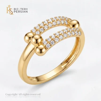 Inel aur galben dublu cu zirconiu din aur 14K cu doua benzi pavate si bile sferice decorative