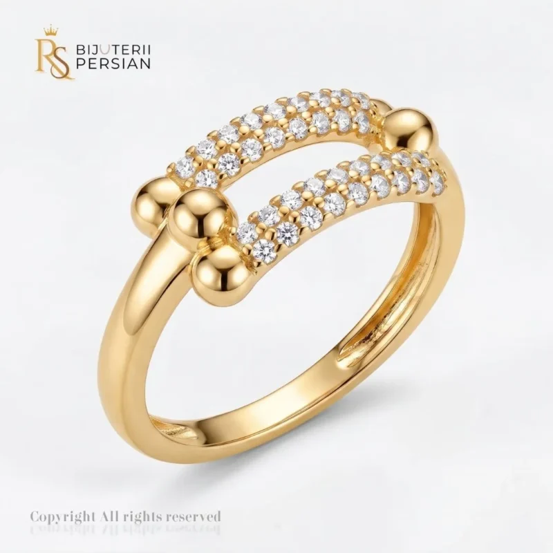 Inel aur galben dublu cu zirconiu din aur 14K cu doua benzi pavate si bile sferice decorative