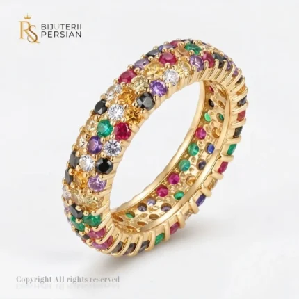 Inel aur galben eternity multicolor cu zirconiu din aur 14K cu trei randuri circulare pavate cu pietre multicolore