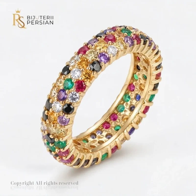 Inel aur galben eternity multicolor cu zirconiu din aur 14K cu trei randuri circulare pavate cu pietre multicolore