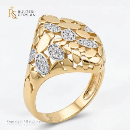 Inel aur galben filigran cu zirconiu din aur 14K cu structura ajurata si placute ovale pavate cu cristale