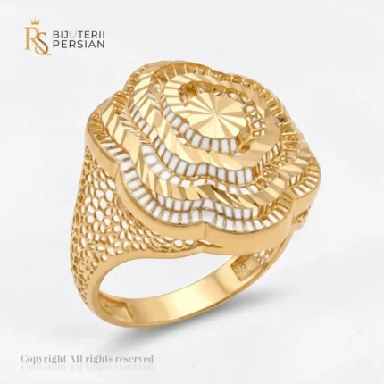 Inel aur galben floare filigran din aur 14K cu petale gravate diamantat si structura ajurata fara pietre