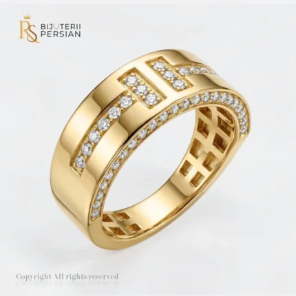 Inel aur galben linii geometrice t din aur 14K cu profil lat si benzi pavate cu zirconiu