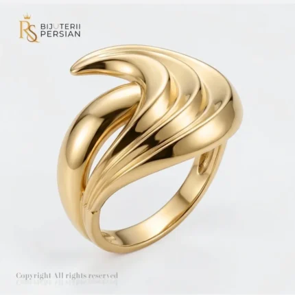 Inel aur galben linii ondulate din aur 14K fara pietre cu forme sculpturale si suprafete polizate