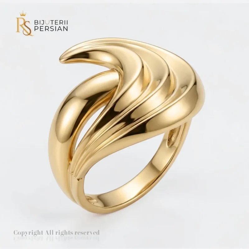 Inel aur galben linii ondulate din aur 14K fara pietre cu forme sculpturale si suprafete polizate