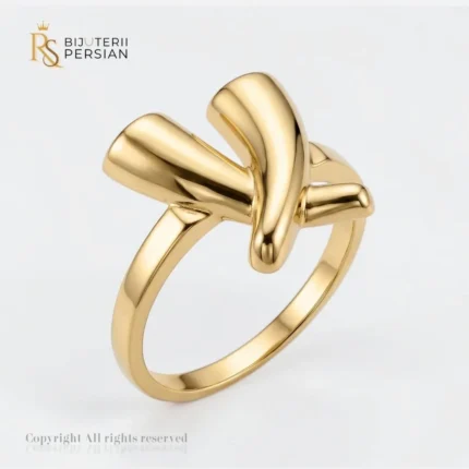 Inel aur galben nod sculptural din aur 14K fara pietre cu forme curbate si polizate la luciu oglinda