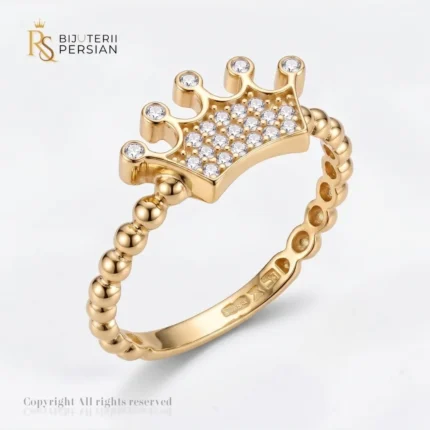 Inel aur galben tip coroana cu zirconiu din aur 14K cu sina din bile si pietre transparente encastrate