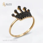 Inel aur galben tip coroana cu zirconiu negru din aur 14K cu fisa de coroana encastrata cu pietre negre
