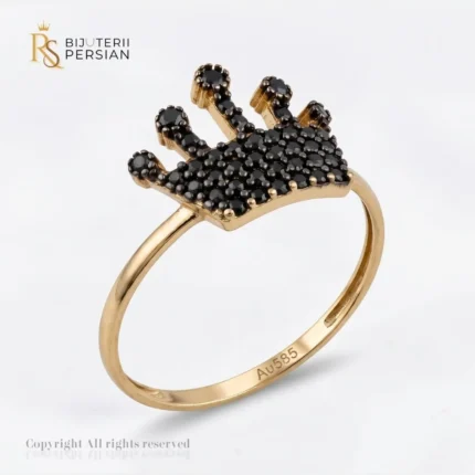 Inel aur galben tip coroana cu zirconiu negru din aur 14K cu fisa de coroana encastrata cu pietre negre