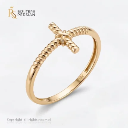 Inel aur galben tip cruce cu textura torsadata din aur 14K fara pietre cu motiv de cruce si sina impletita